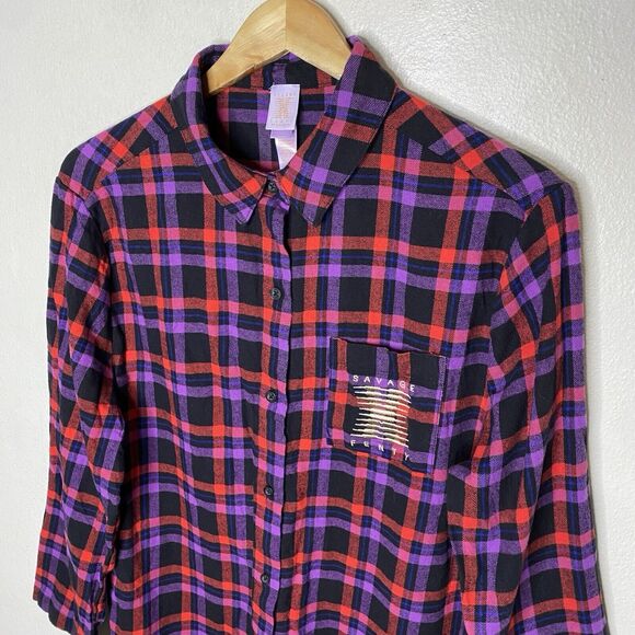 Savage Fenty Night Star Chaser Flannel Sleep Top Red Purple Black Women’s 8-10 - Picture 2 of 8